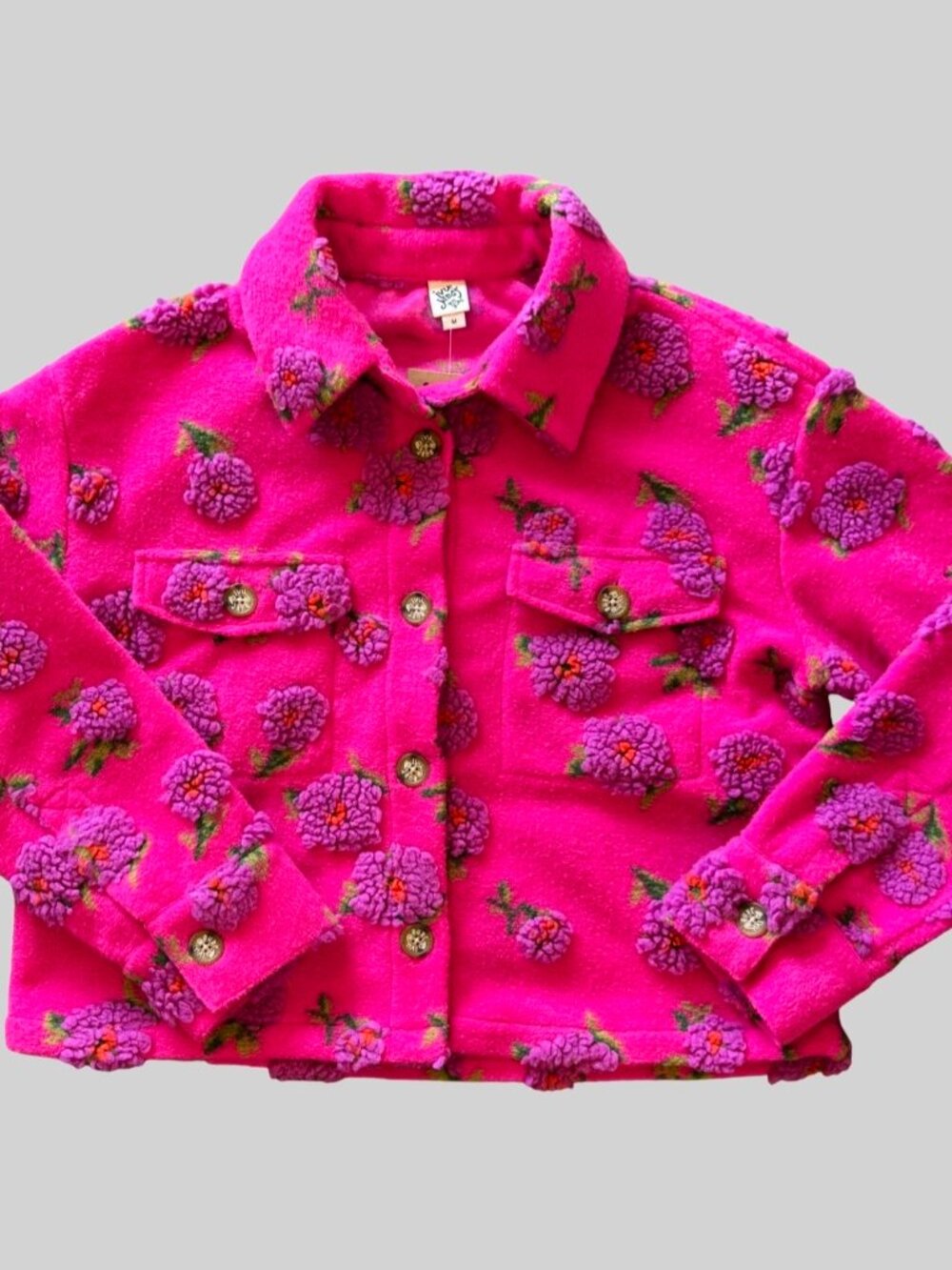 Ivy Jane Fleece Jacket Size M Button Front Floral 3D Texture Shacket Pink Cozy
